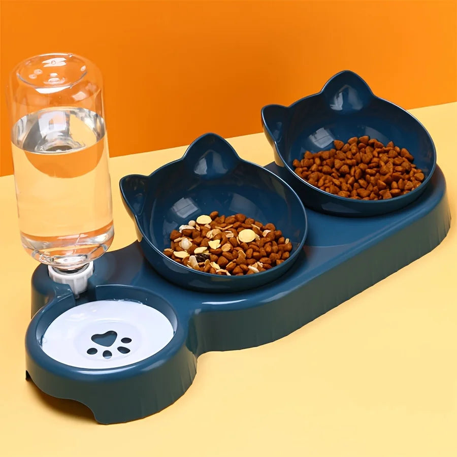 3-in-1 Cat Bowl Set – Tilted Food & Water Feeder with Gravity Bottle