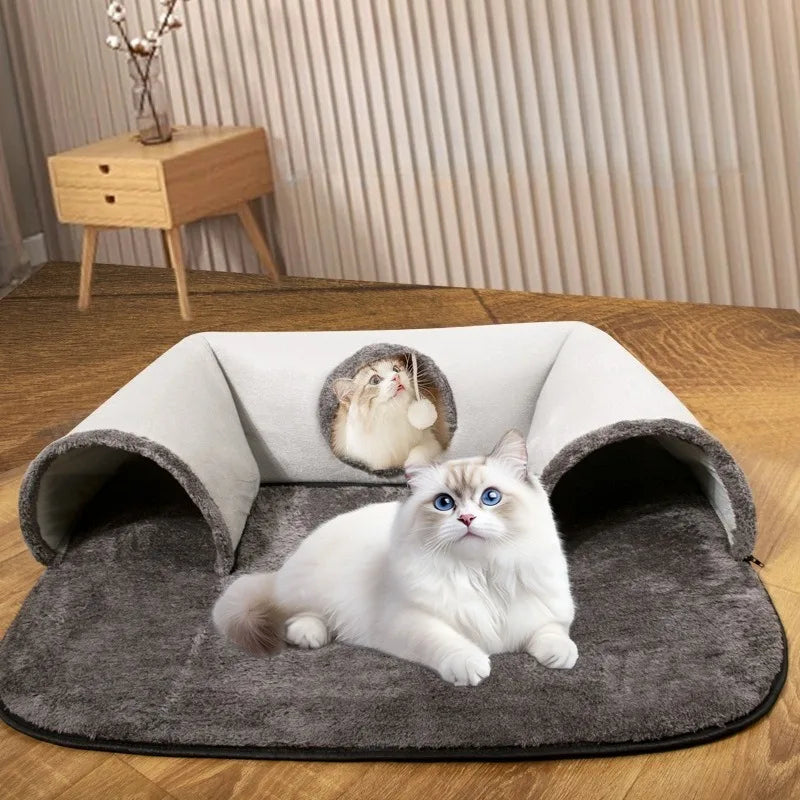 2-in-1 U-Shaped Cat Tunnel Bed – Play, Hide & Nap All Year Round