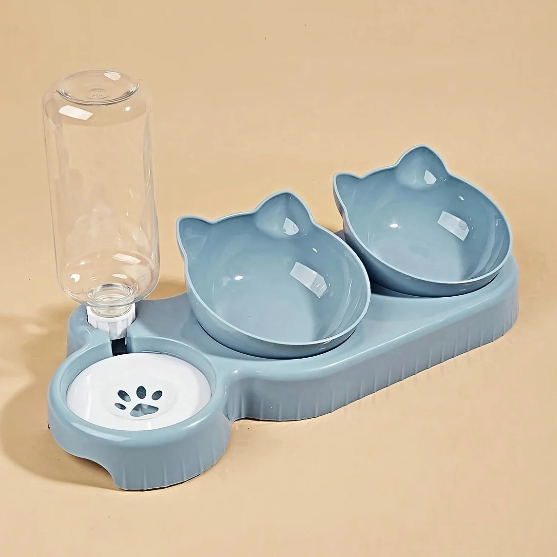 3-in-1 Cat Bowl Set – Tilted Food & Water Feeder with Gravity Bottle