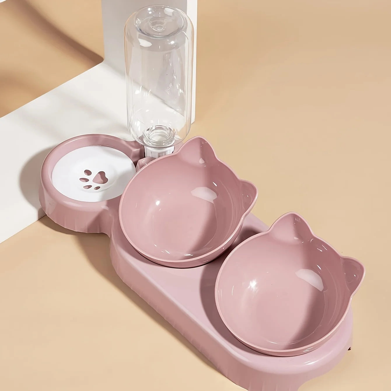 3-in-1 Cat Bowl Set – Tilted Food & Water Feeder with Gravity Bottle