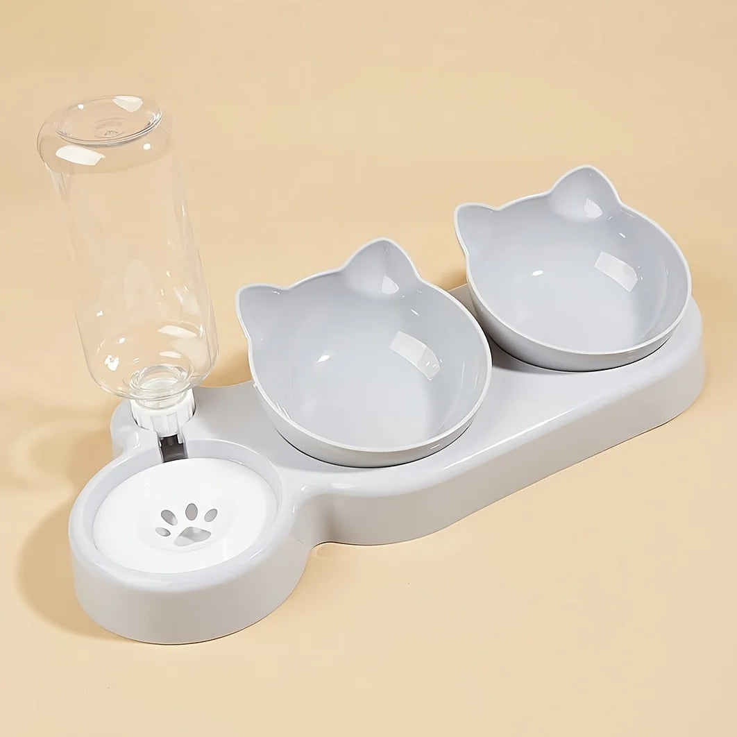 3-in-1 Cat Bowl Set – Tilted Food & Water Feeder with Gravity Bottle