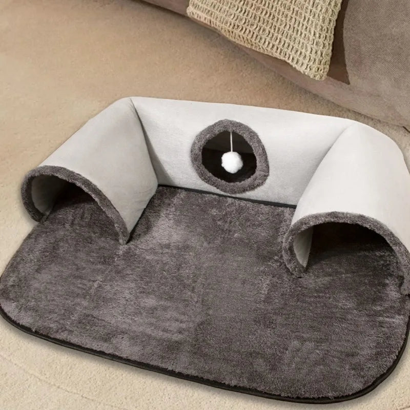 2-in-1 U-Shaped Cat Tunnel Bed – Play, Hide & Nap All Year Round